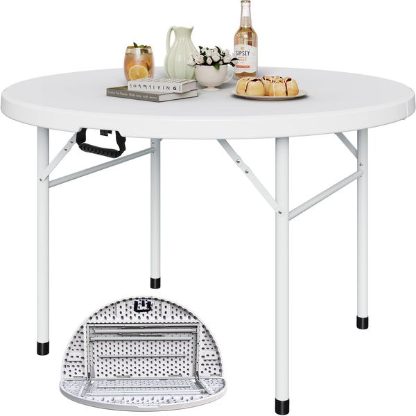 YITAHOME 122cm Runder Klapptisch mit Tragegriff Wetterfest für Outdoor/Indoor, Tragbarer Campingtisch mit Metallrahmen, Kunststoff Gartentisch mit 4cm Tischplatte für Party, Camping, Grill, Weiß