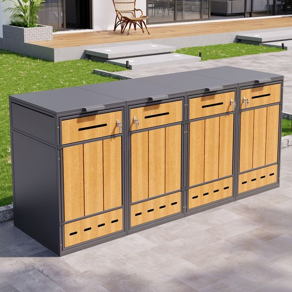 Merax Mülltonnenbox, bietet Platz für vier Mülleimer (120-240 liters), mit Belüftungslöchern, Abschließbar, Holzmaserung & grau