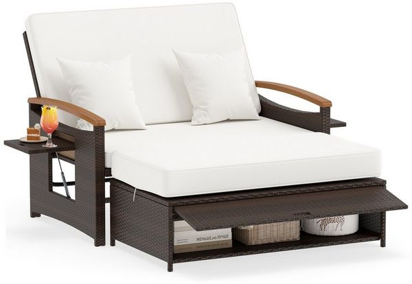 COSTWAY Loungebett, outdoor, Rattan, 2-Personen, Gartenliege mit verstellbarer Rückenlehne