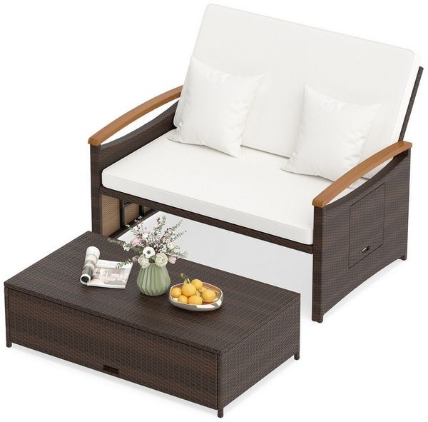 COSTWAY Loungebett, outdoor, Rattan, 2-Personen, Gartenliege mit verstellbarer Rückenlehne