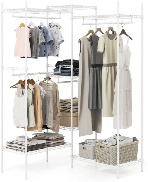 Tragbarer Kleiderschrank wandelbarer Kleiderorganizer mit L-Form & horizontaler Montage Weiß