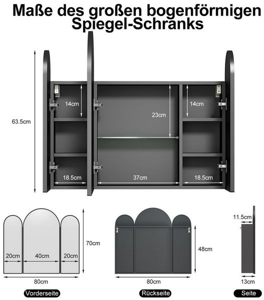 radelldar Badezimmerspiegelschrank Wandschrank mit Stauraum, HD-Spiegel Schrank (1-St) 3-türiger Bogen-Spiegelschrank, 80x70 cm