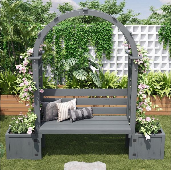 HAUSS SPOLE Pflanzkübel mit Rankgitter,Pflanzkasten mit Rückenlehne,Gartenbank Terrasse Grau (Blumenkübel Pflanzgefäß mit Spalier und Sitz für Garten), mit geschwungene Rankgerüst