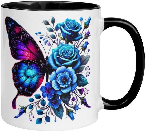 Momentals Tasse Schmetterling – „Blaues Blütendesign“ – Geschenk mit Schmetterlingen, Gratis Versand · Links-&Rechtshänder · Spülmaschinenfest