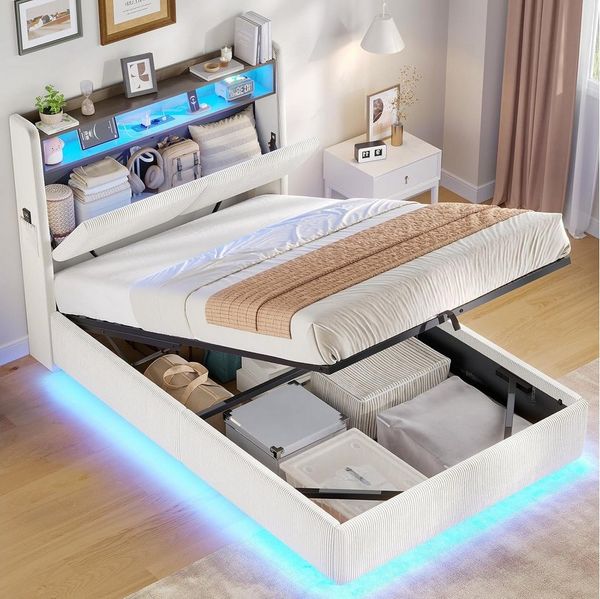 MSMASK Polsterbett mit LED-Beleuchtung und integrierter Ladestation, Stauraum-Kopfteil (Ohne Matratze), Jugendbett mit hydraulischem Stauraum, 90x200 cm