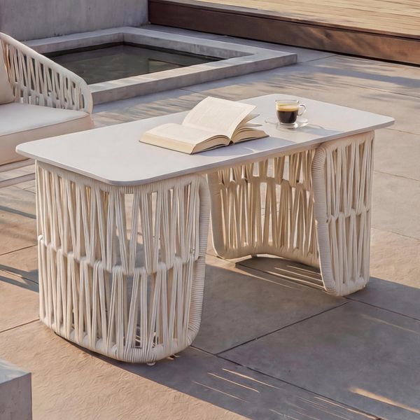 Loungetisch HWC-P90, Gartentisch Balkontisch Outdoor, Seilgeflecht Rope Sinterstein 43x90x45cm ~ creme, Platte creme