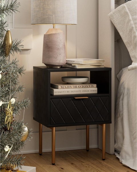 Moderne Nachtkommode mit offenem Regal und Schublade, Schwarz/Gold