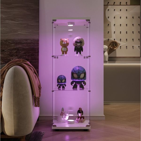 Furnishings Home Vitrine Glasvitrine stehend Standvitrine mit Glastüren, 2 bis 4 Ebenen (42 x 36 x 125 cm, 3 Fächer, Mit Sicherheitsschloss) Mit LED-Lichtleiste, perfekt für Sammler, Sammlervitrine