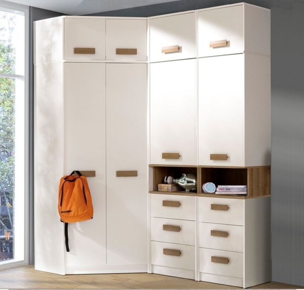 Marmex Möbel Grant 14 Ein Schrank-Set, zwei Büchrregale, Eckkleiderschrank, Schlafzimmer-Set, laminierte Spanplatte, weiß+riviera Eiche, 143x235x143 cm