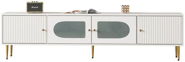 Sweiko Lowboard Weißer Korpus TV-Board TV-Schrank (TV-Unterschrank mit Goldenen Beinen und Griffen 4 Türen, 2 Türen mit Vertikalrillen, 2 Türen mit Bogenglas), 170x35x50(L*W*H), Spanplatte