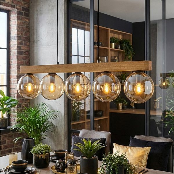 hofstein Hängeleuchte Hängelampe aus Metall/Holz/Glas in Schwarz/Natur-/Bernsteinfarben, moderne Pendelleuchte im Retro/Vintage-Design mit Holzbalken, 5 x E14