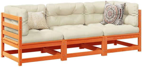 vidaXL 3-tlg. Garten-Sofagarnitur mit Kissen Wachsbraun Kiefernholz 3299269