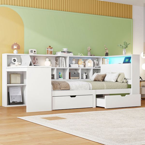 L-förmiges Holz-Plattformbett mit Schreibtisch und Bücherregal Eck-Kapitänsbett mit gepolstertem Kopfteil Schubladen unter dem Bett LED-Licht Weiß 90 x 200 cm