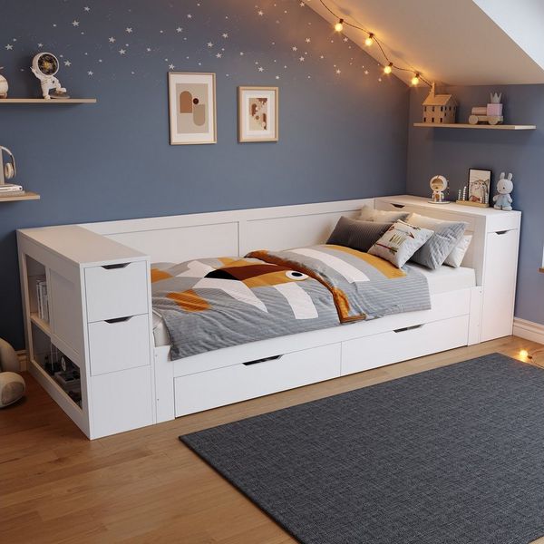 Flieks Kinderbett, Stauraumbett Daybett 90x190cm mit Schubladen, Regalen und Nachttisch