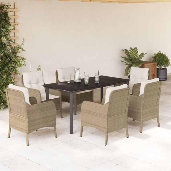 vidaXL 7-tlg. Garten-Essgruppe mit Kissen Beige Poly Rattan 3211973