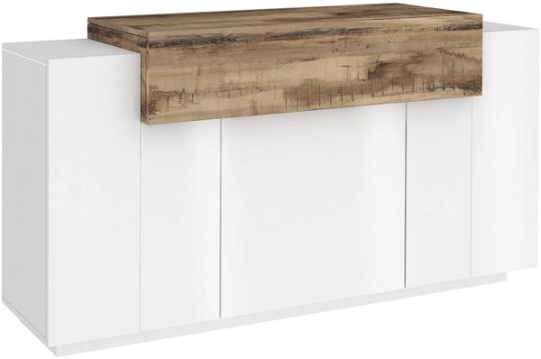 Dmora Kommode Angelis, Küchen-Sideboard mit 4 Türen, Wohnzimmer-Buffet, 100 % Made in Italy, 140 x 45 x 86 cm, glänzendes Weiß und Ahorn,