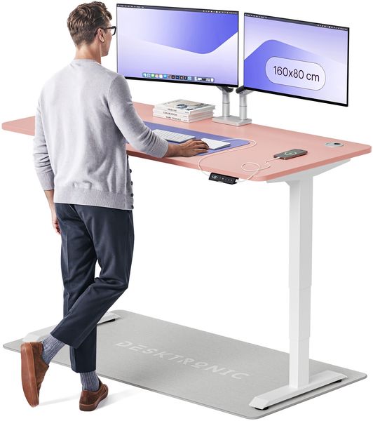 Desktronic HomePro Elektrisch höhenverstellbarer Schreibtisch 160x80cm Weiß/Rosa mit Memory-Funktion, Anti-Kollisions Technologie, USB-A und USB-C-Ladeanschlüssen