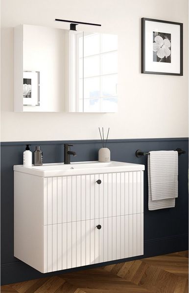 Lomadox Badmöbel-Set RIVA-107, (Spar-Set, 2-St, Waschtisch Spiegelschrank Aufbauleuchte), weiß Hochglanz lackiert Waschbecken Unterschrank 80cm LED Beleuchtung