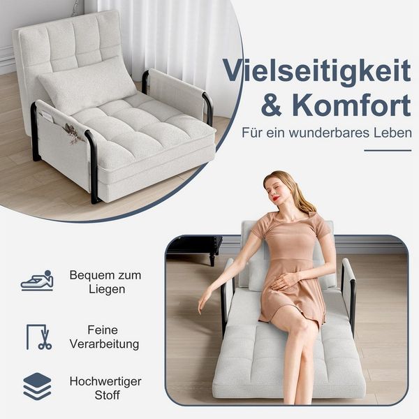 FUROKOY Relaxsessel Liegebett Klappsessel mit Bettkunktion,5 Positionen Verstellbare (Klappbett, 1-St, 3-in-1 Bodensessel), verstellbar,klappbar,mit Armlehnen & Kissen,Beige