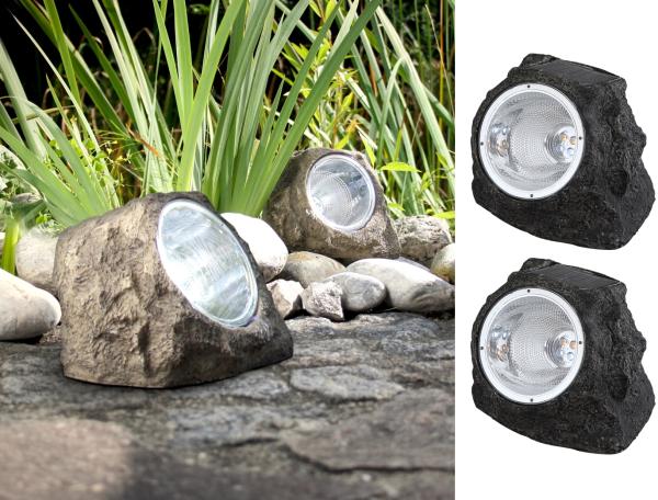2x LED Gartendeko Solarleuchten in Steinoptik aus grauem Kunststoff