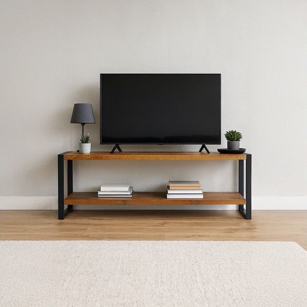 Villa Möbel TV-Board (Packung, 1 St, 1 St. TV Möbel), Offenes Design aus Mangoholz schwarzem Stahl Ablage Industrial Look