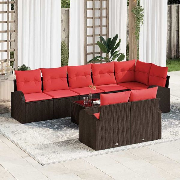 vidaXL Gartensofa-set mit Kissen 9 pcs Braun und Rot Poly-Rattan 3354773