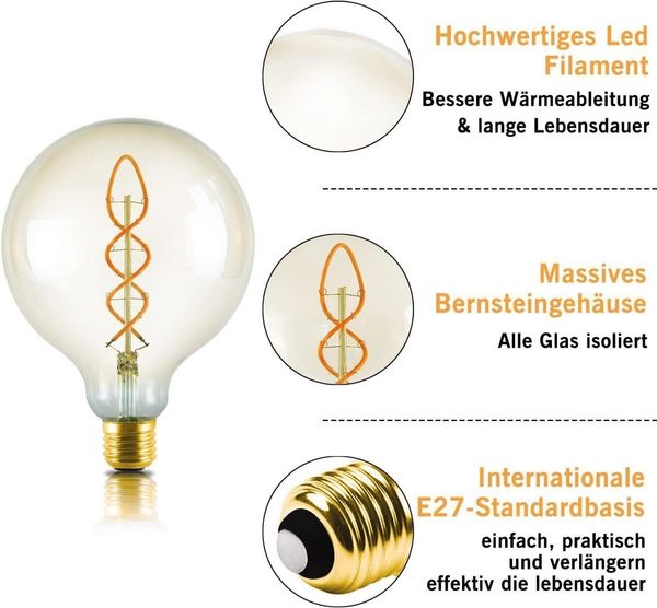 ZMH LED-Leuchtmittel LED Lampe E27 Glühbirne: G95//G125 Vintage Edison Leuchtmittel 4W, E27, 1 St, 2200k, Retro Filament Birnen Bulb Energiesparlampe für Haus
