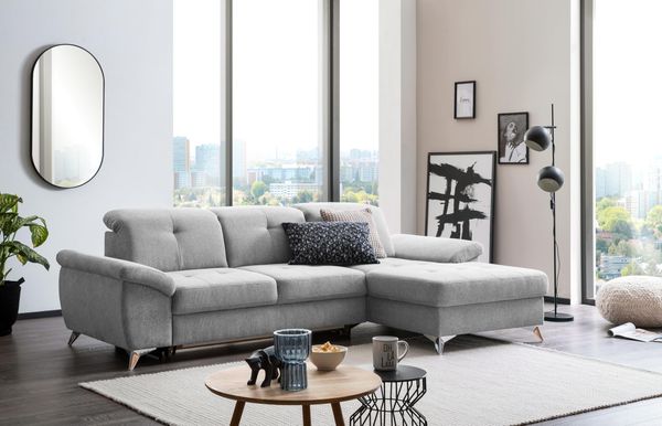 Traumnacht Toulouse Sofa 2-Sitzer mit Recamiere rechts, inkl. Schlaffunktion, Bettkasten und verstellbarem Rücken, hellgrau, produziert nach deutschem Qualitätsstandard