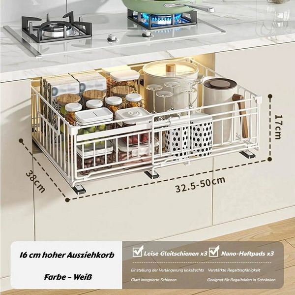 BlingBin Küchenorganizer-Set Teleskopschublade, Ausziehbare Schublade Küche Organizer Schrank, (1 Stück Erweiterbar Küchenschublade mit Kleber, 1-tlg, Produktabmessungen: 32.5-49.5L x 39B x 16.5H cm), Schubladen-Aufbewahrungsregale für Küche, Ohne Bohr...