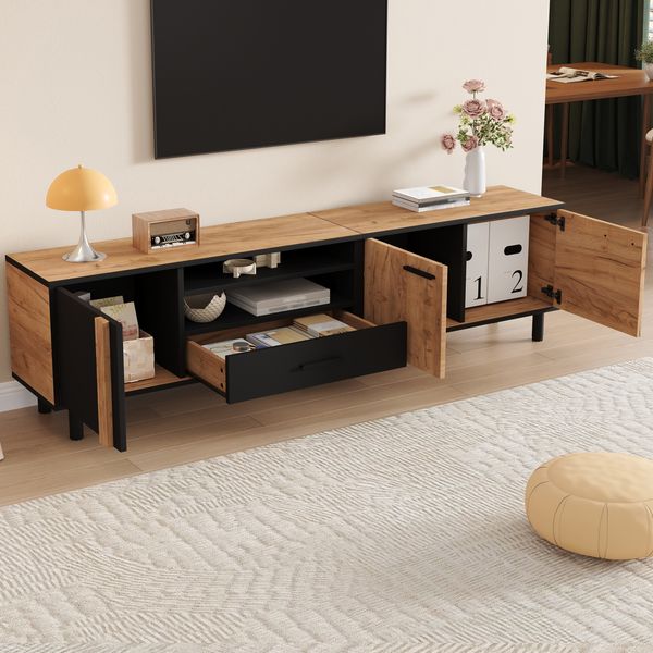 TV-Schrank 180x32,5x50 cm in Holzoptik Schwarz, mit 3 Türen, Schublade und offenem Fach