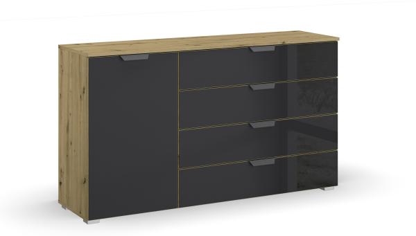 Kommode >Artemis< in Eiche Artisan / Glas basalt - 140x81x42 (BxHxT)