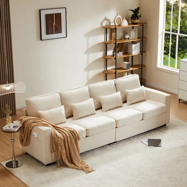 Big-Sofa, 264 cm, 4-Sitzer inkl. loser Zier- und Rückenkissen, Leinen Bezug, Polstersofa, Wohnzimmersofa