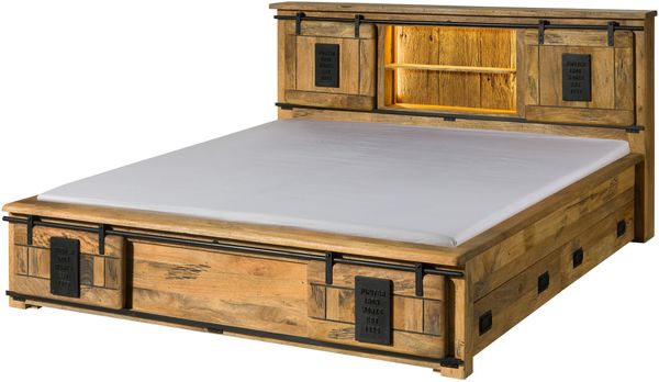 Bett mit Schublade Mango / Altholz 200x200 natur lackiert RAILWAY LUX #110