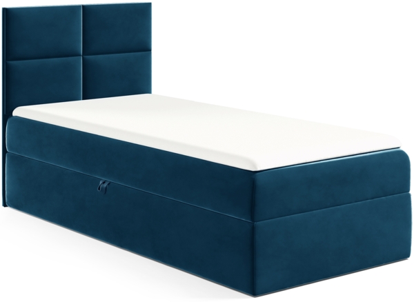 MEBLINI Kinderbett mit Bettkasten MINO 3 90x200 Links – H3/Blau Samt Gepolstert Einzelbett mit Matratze - Polsterbett mit Stauraum - Bett mit Kopfteil – Stauraumbett