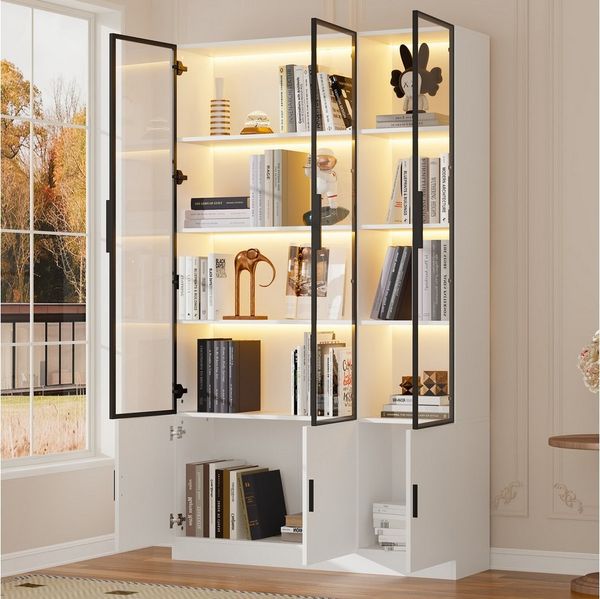 MODFU Vitrine Regal 120x200x32 cm mit 6 Glastüren, MDF, LED-Beleuchtung (Packung, 1-St, Stauraum mit integrierter Kippsicherung) Schlanke 200cm Vitrine, Elegante Präsentation für Sammlerstücke