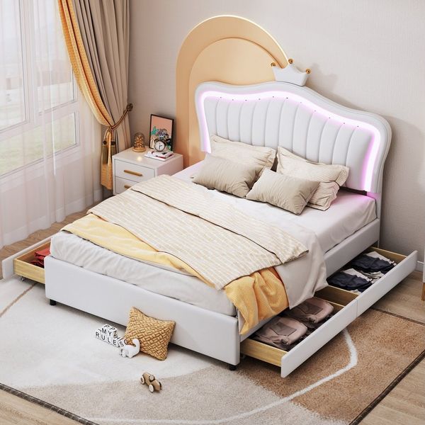 Flieks Polsterbett, LED Beleuchtung Krone Kunstleder Kinderbett 140x200cm mit 4 Schubladen