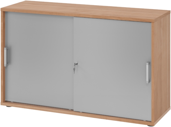 bümö Schiebetürenschrank 2OH - Aktenschrank abschließbar, Sideboard Schrank mit Schiebetüren in Nussbaum/Silber, Chromgriff - Büroschrank aus Holz mit Schiebetür, Büro Kommode für Ordner & Co, 1752S-N-S-CE