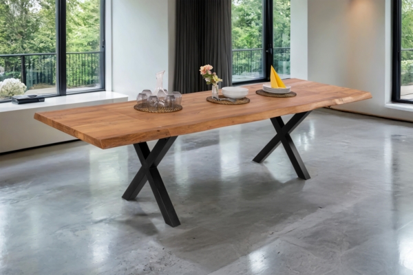 Esstisch Baumkante Akazie natur 200 (300) x 100 X-Gestell schwarz mit Ansteckplatten CALI 150443172