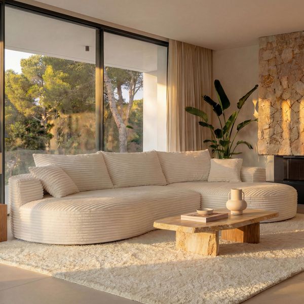 Sofa-Garnitur HWC-P19, 3-Sitzer Couch Loungesofa, Stoff/Textil Cord (370 g/m²) Liegefläche rechts ~ weiß