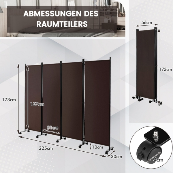 Raumteiler mit 4 Paneelen auf Rädern 173 cm Hoher Rollbarer Sichtschutz Braun Bild 3