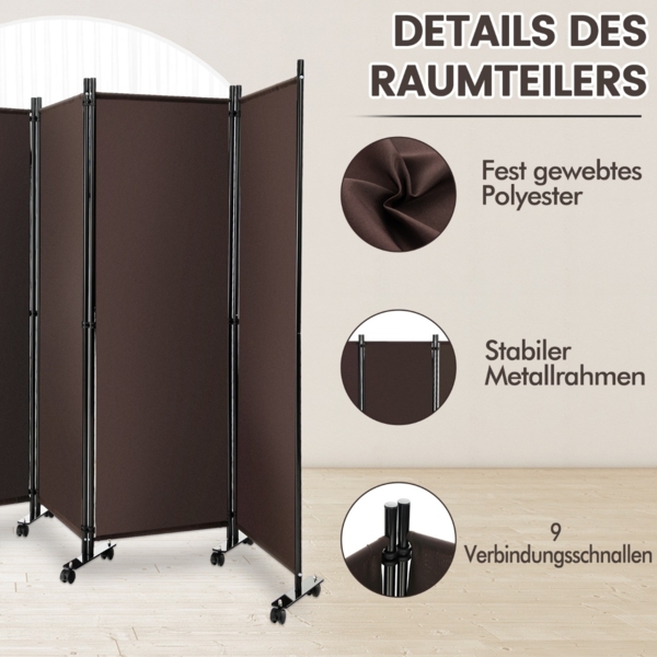 Raumteiler mit 4 Paneelen auf Rädern 173 cm Hoher Rollbarer Sichtschutz Braun Bild 2
