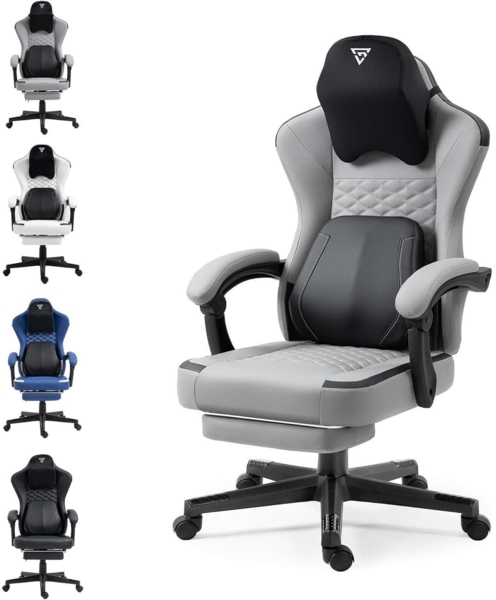 Gaming Stuhl mit beheizter Massage Lendenwirbelstütze, grau