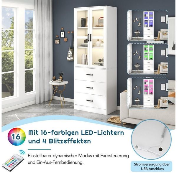 Merax Vitrine mit Glastüren und verstellbaren Einlegeböden Buffet Vitrine mit 3 Schubladen,Stauraumvitrine mit LED,Höhe 200cm