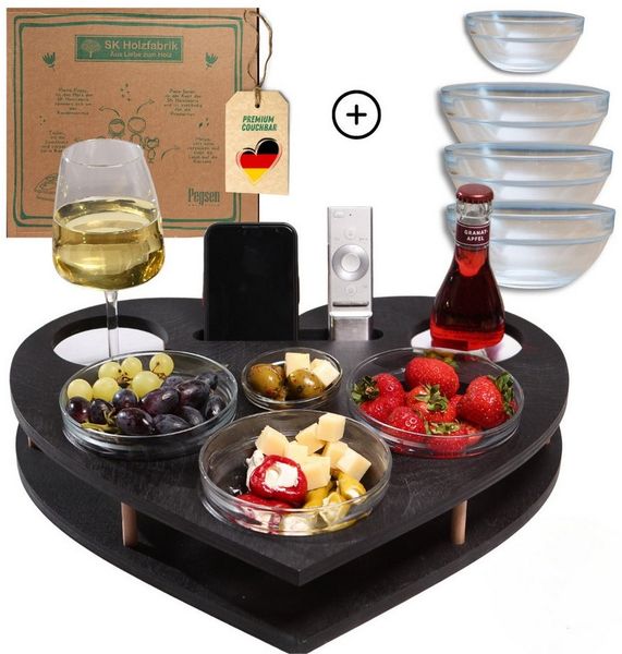 PEGSEN Servierplatte Couchbar Snackbox Herz mit 4 Snackschalen Sofa Tablett, Birkenholz, (lebensmittelechte Glasschalen), passend für Kaffeetassen, Weingläser & 0,5l Flaschen
