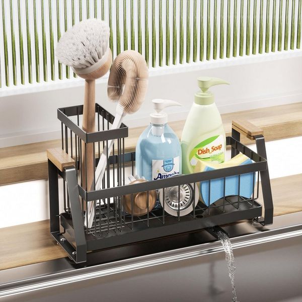 SURFOU Küchenorganizer-Set Spülbecken Organizer Küche, Sink Caddy Schwammhalter mit Ablauf, (Rostfrei Abtropfwanne Spülbecken Organizer, Praktischer Küchen Sink Caddy aus Karbonstahl mit Drainage, Saugnäpfen und Ablaufschlauch, 1-tlg, für Schwämme, Bür...