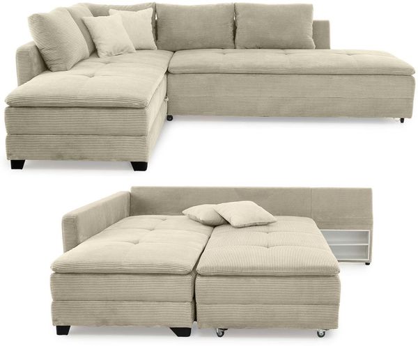 Ecksofa-Dauerschläfer Doppelbett Federkern Bettkasten Couch in Cord Beige Grau