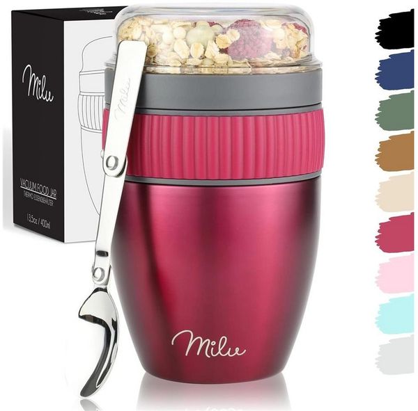 Milu Müslibox Müslibecher To Go Edelstahl 400 ml, isoliert, auslaufsicher, Müslimax Set