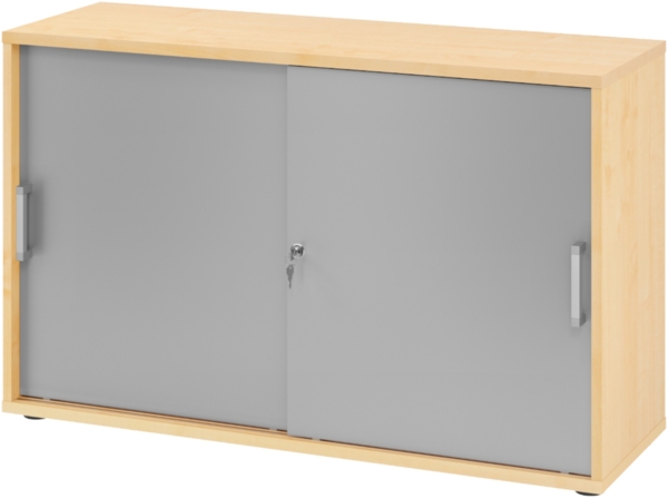 bümö Schiebetürenschrank 2OH - Aktenschrank abschließbar, Sideboard Schrank mit Schiebetüren in Ahorn/Silber, Chromgriff - Büroschrank aus Holz mit Schiebetür, Büro Kommode für Ordner & Co, 1752S-3-S-CE