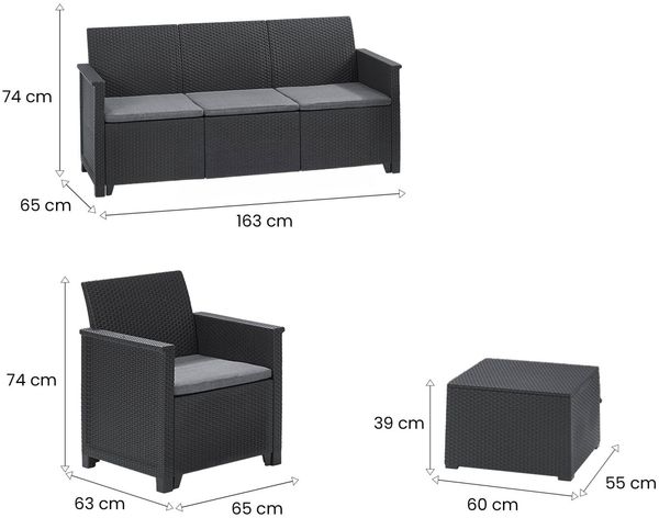 Dmora Loungeset für draußen Orillia, Outdoor-Lounge mit Couchtisch, Terrassenset mit Kissen, 113x65 h74 cm, Anthrazit Bild 3