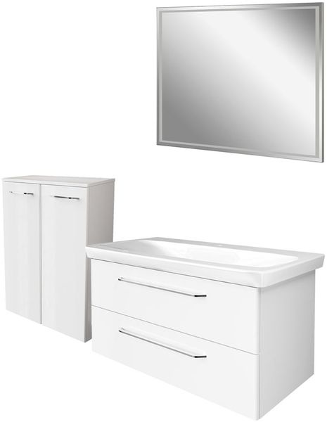 FACKELMANN MILANO Badmöbel Set 4-teilig 107 cm breit, Weiß, Waschbecken Keramik Weiß + LED Spiegel + Doppel Midischrank